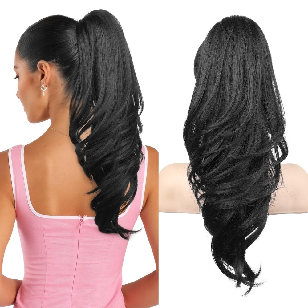 18” Black Wavy Claw Clip Ponytail •‎ Lightweight Synthetic Hairpiece